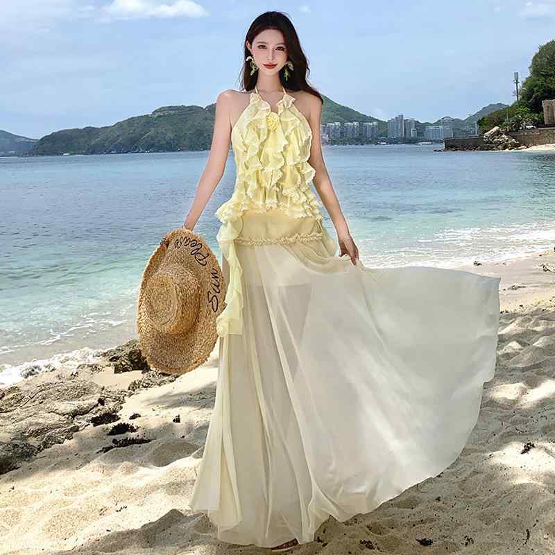 ワンピース ホルターネック キャミソール 2点セット フリル ラッフル ロング丈 マキシ丈 甘辛ミックス シフォン ストリートスタイル お出かけ ミドルウエスト 無地 クリームイエロー 夏