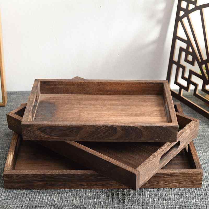 トレー 木製 無垢材 松材 長方形 焼き加工 レトロ 茶器盆 フルーツ皿 ホテル 食卓 ディスプレイ 業務用 多用途 お盆