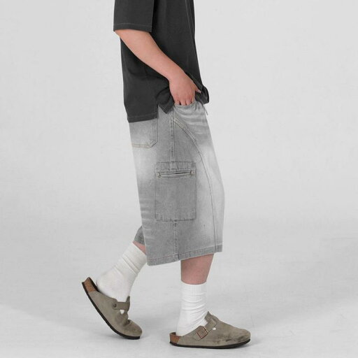 カーゴ デニムパンツ メンズ 男性用 膝丈 ハーフ丈 ゆったり ルーズフィット ミドルウエスト 無地 ストレート カジュアル 普段使い オールシーズン ノンアイロン 伸縮性 ライトグレー カーゴ デニムパンツ メンズ 男性用 膝丈 ハーフ丈 ゆったり ルーズフィット ミドルウエスト 無地 ストレート カジュアル 普段使い オールシーズン ノンアイロン 伸縮性 ライトグレー