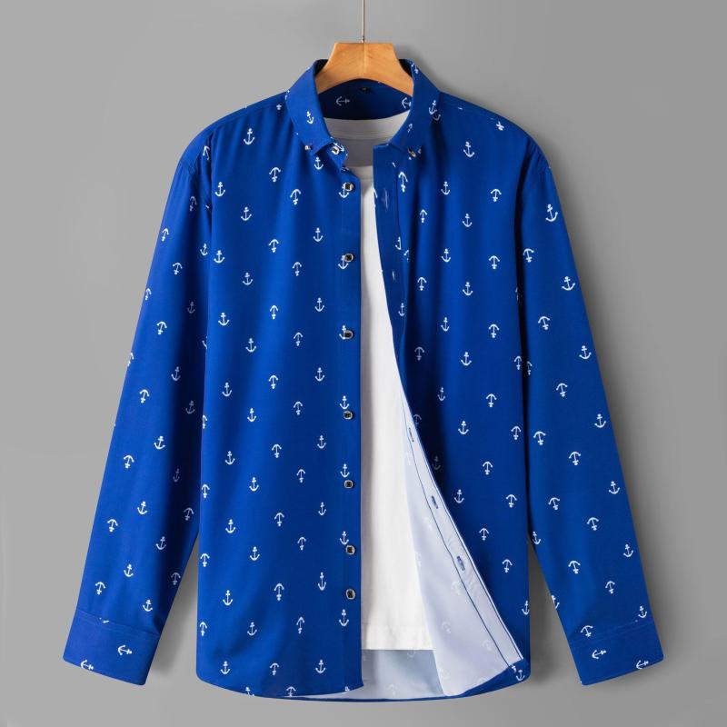 シャツ メンズ 長袖 スリムフィット 細身 アンカー柄 碇柄 プリントシャツ カジュアル ビジネスカジュ..