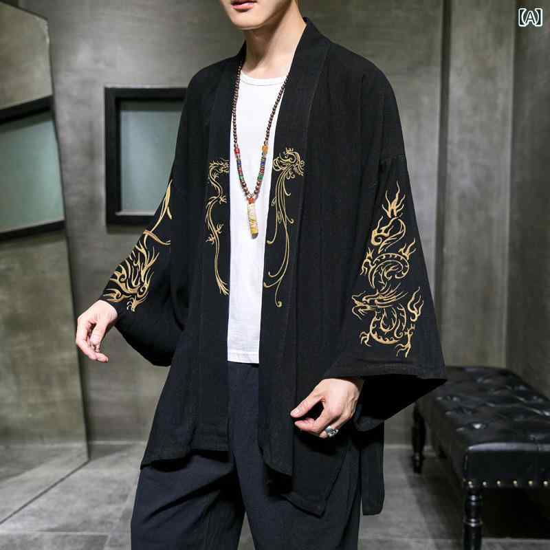 羽織り メンズ 中国風 和風 漢服スタイル 着物風 綿麻 刺繡 カーディガン ジャケット アウター カジュアル 普段使い リラックスウェア ブラック レーヨン混