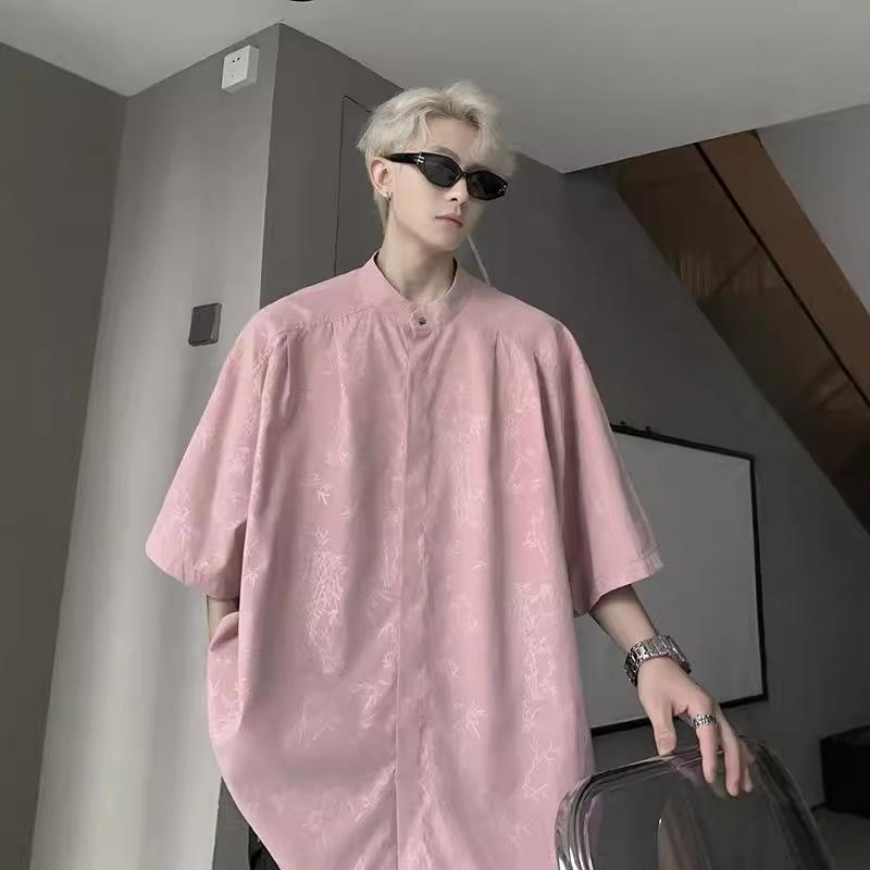 シャツ メンズ ピンク 半袖 薄手 スタンドカラー 接触冷感 ポリエステル ゆったり 織り柄 ストリート系 チャイナ風 イージーケア カジュアル 普段使い 夏物