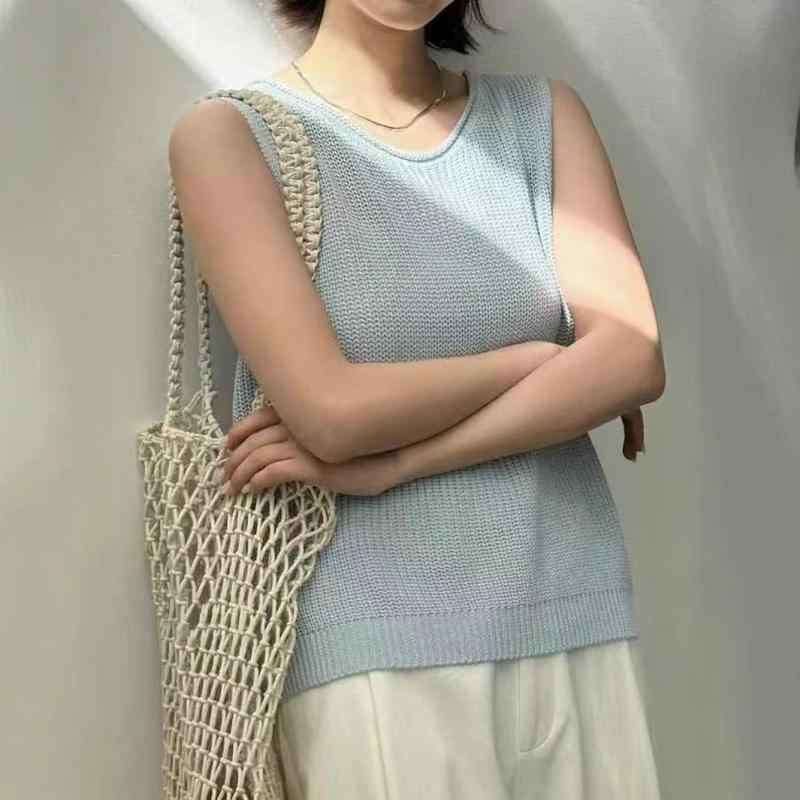 ニット レディース ラウンドネック ノースリーブ サマーニット 韓国ファッション カジュアル リゾート ..
