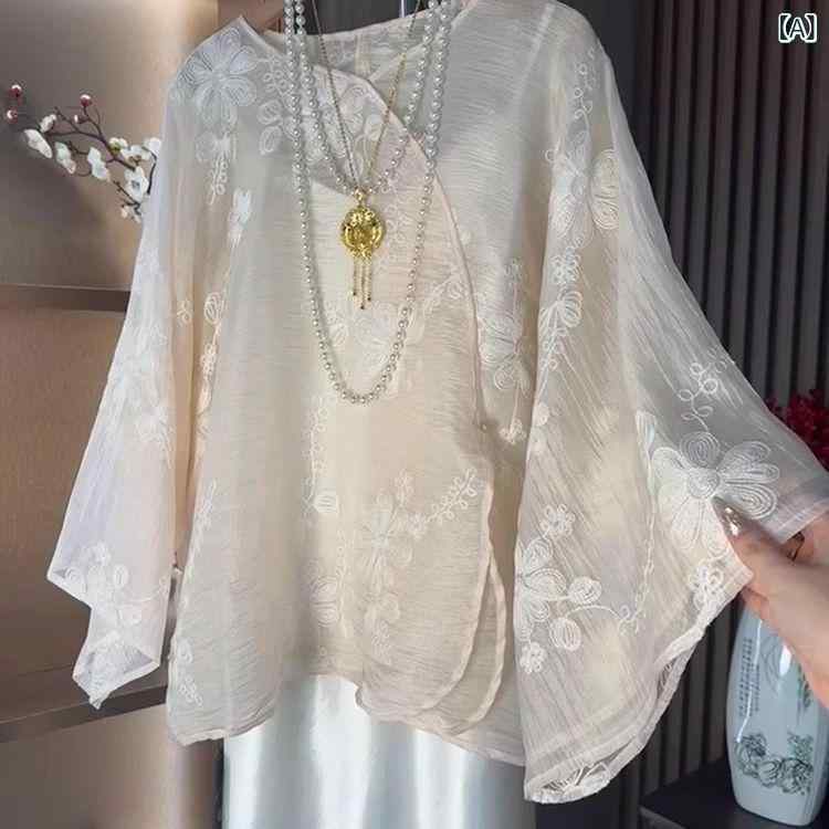 シャツ レディース チャイナスタイル ジャガード織り 長袖 パフスリーブ ゆったり ルーズフィット ラウンドネック トップス ポリエステル 高級感 きれいめ エレガント 大人スタイル UVカット 日焼け対策 ホワイト