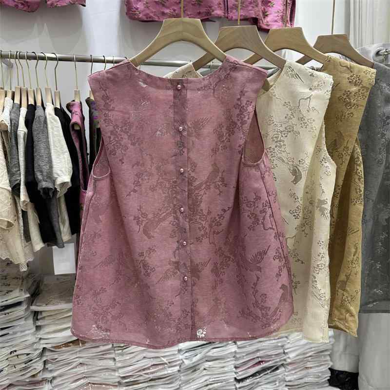 ベスト レディース ジャガード 刺繡 チャイナ風 ノースリーブ ラウンドネック ゆったり スタイルアップ..