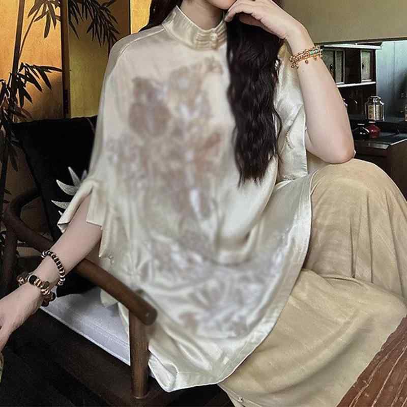 シャツ レディース 女性用 テンセル リヨセル繊維 幾何学模様 七分袖 フリル袖 尖り襟 ミドル丈 ゆったり ルーズフィット 立体起毛 フラット刺繍 ビーズ刺繍 凝った刺繍 チュニック ブラウス きれいめ 通勤 オフィス カジュアル(4)