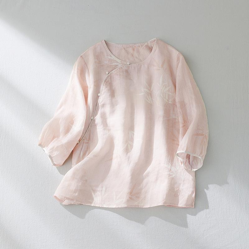 シャツ レディース トップス 中華風 レトロ 禅スタイル 綿麻 半袖 二重仕立て 盤扣 斜め合わせ 丸首 ゆったり プルオーバー 普段使い 和柄