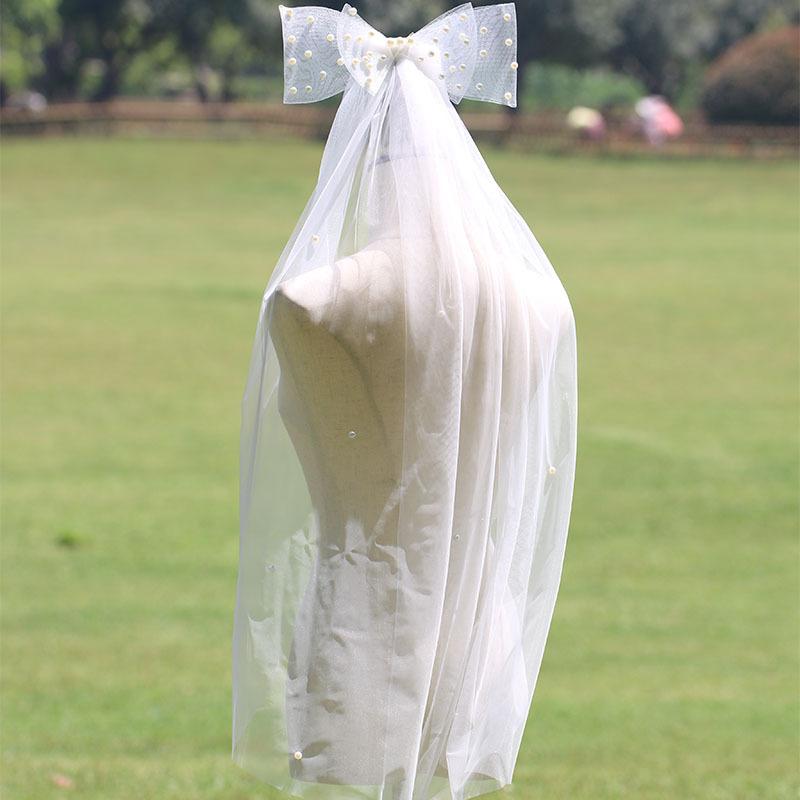 ベール レディース ウェディング 結婚式 ブライダル プロポーズ ショート丈 フィンガーチップ丈 パール装飾 リボン 蝶結び 単層 二層 伸縮性 超繊細 欧米風