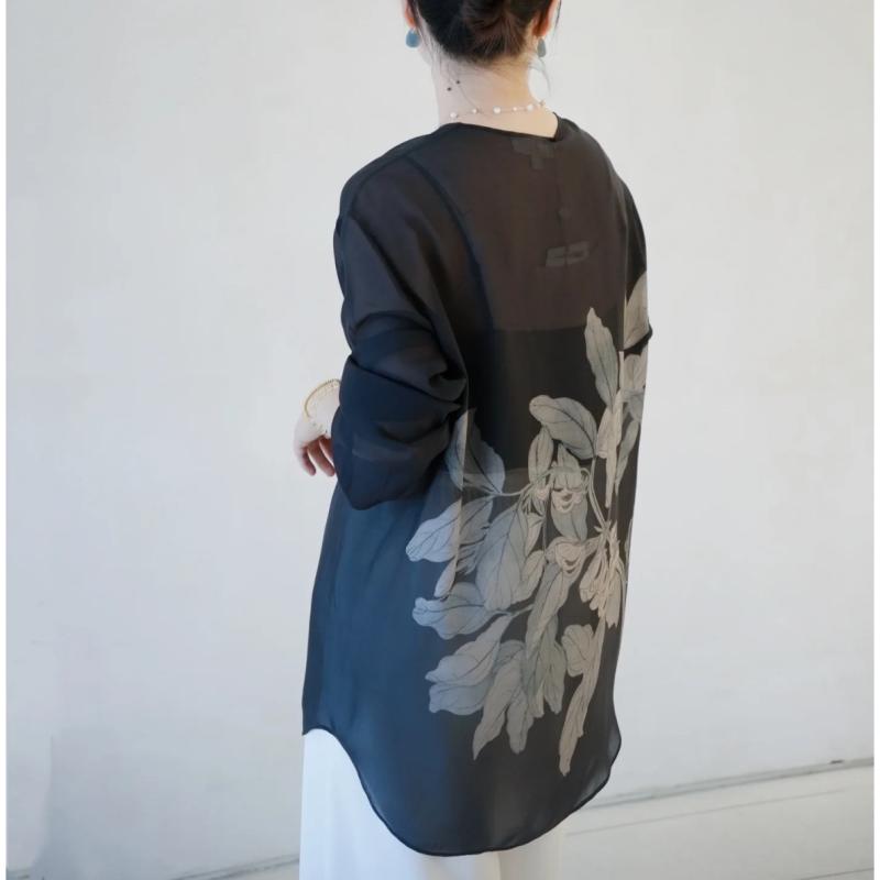 ブラウス レディース レトロ風 ゆったり 薄手 軽量 上品 万能 長袖 UVカット 植物柄 プリント クルーネック 切り替え アイボリー ダークグリーン