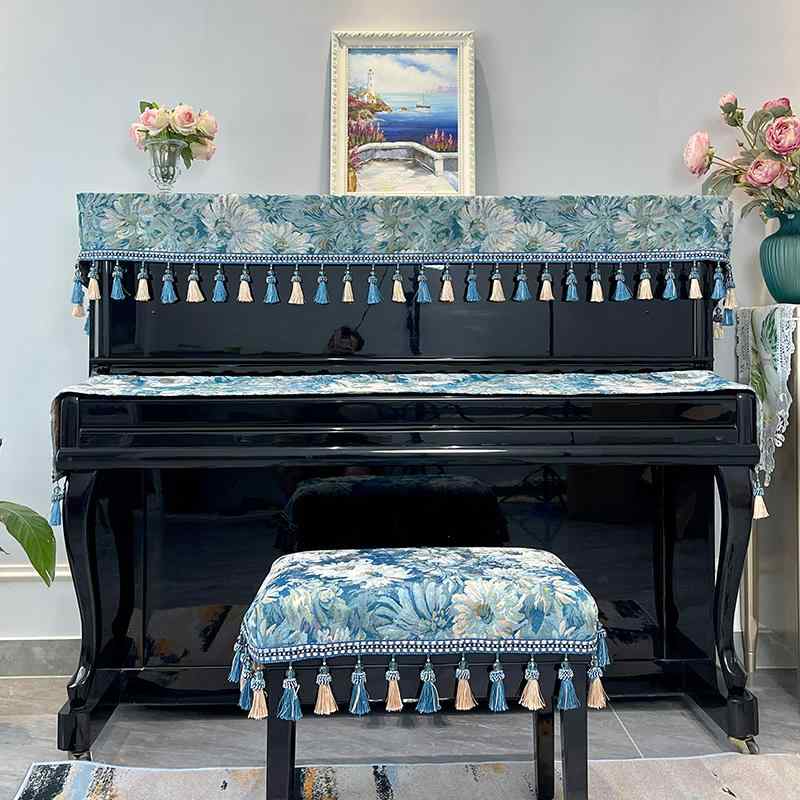 ピアノカバー 高級感 防塵 ハーフカバー トップカバー 鍵盤カバー 布製 アメリカン スタイル 洋風 スカイブルー ひまわり柄 ジャガード織り インテリア 楽器 保護
