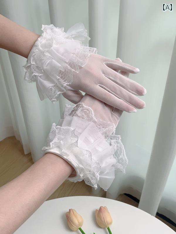 Grams楽天市場店のグローブ ウェディング 花嫁 ショート丈 パール レース フレンチデザイン シアー 結婚式 披露宴 二次会 前撮り フォトウェディング 上品 ホワイト ポリエステル｜アングル2