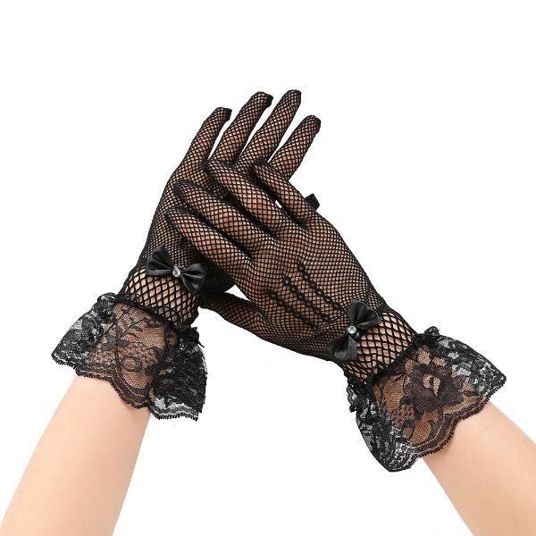 ウェディンググローブ レディース フィッシュネット リボン レース 透かし編み 伸縮性 結婚式 ブライダルパーティー フォーマル エレガント アセテート素材 ブラック ホワイト レッド ラインストーン