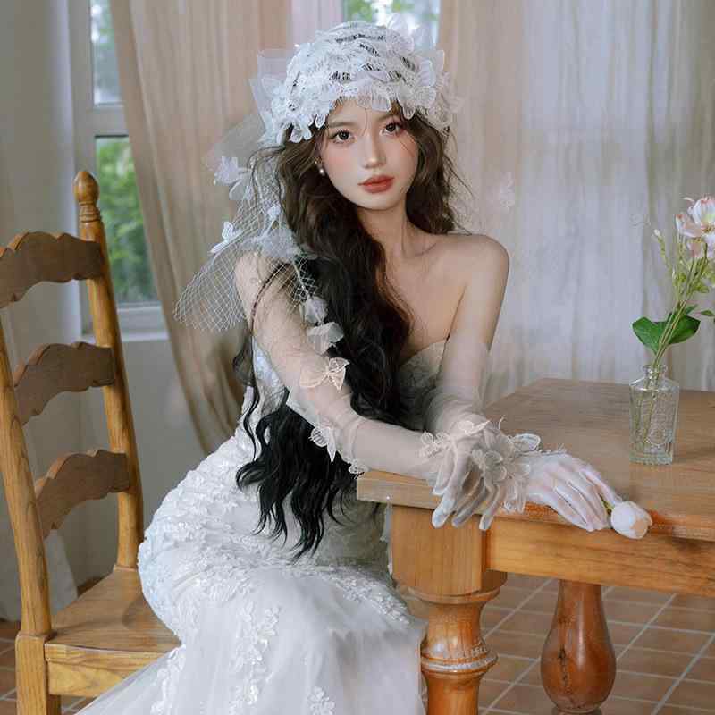 ウェディング ベール レディース フレンチスタイル 高級感 花柄 レース チュール ショート丈 レトロ ヴィンテージ 結婚式 挙式 フォトウェディング 前撮り スウィート ヘッドドレス ホワイト