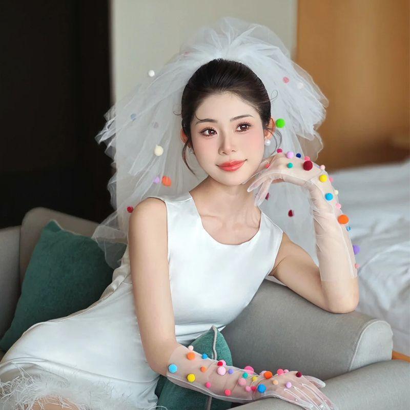 ウェディングベール 花嫁 ショート丈 ドーパミンカラー ポンポン 韓国風 フェアリー 森ガール 二層 ボ..