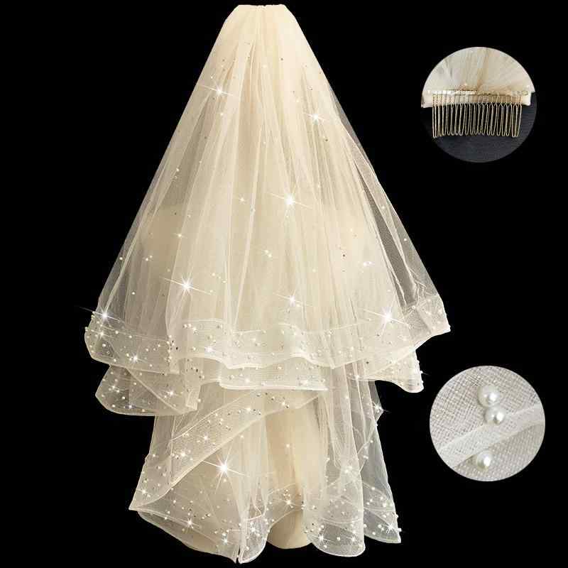 ウェディングベール ショート丈 パール付き レトロ 花嫁 ヘッドドレス ナチュラル ブライダル 結婚式 ..