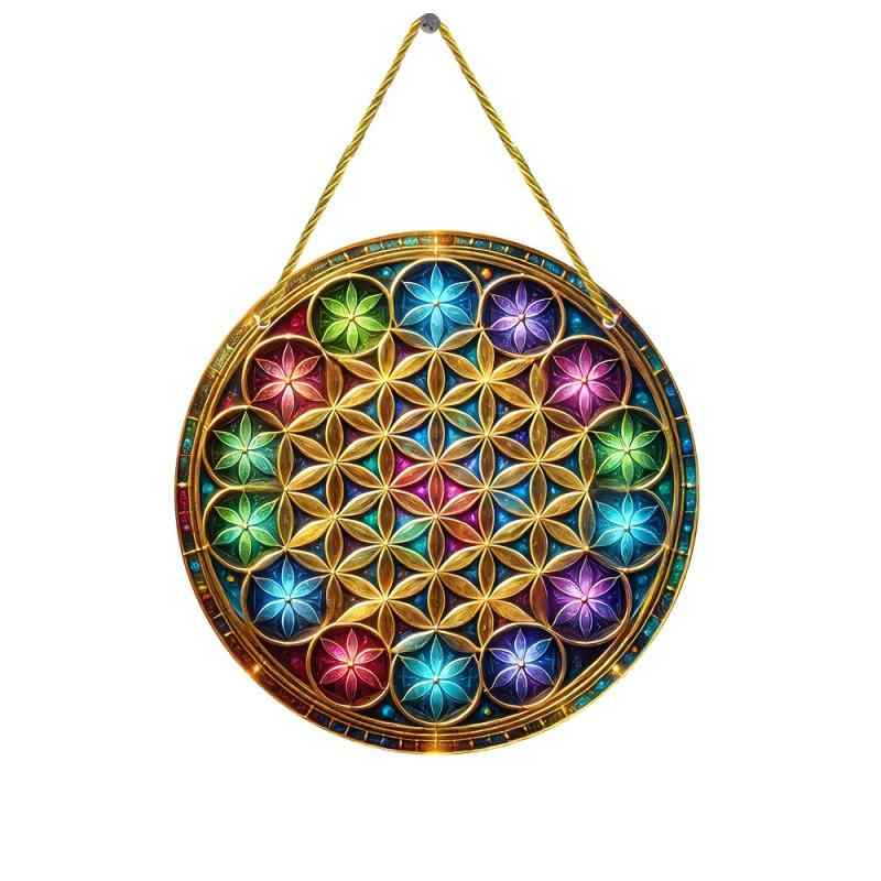 サンキャッチャー 生命の花 円形 ガーデン 窓飾り 2D 平面プリント ステンドグラス風 アクリル カラフル インテリア 装飾 壁掛け オーナメント ギフト 贈り物(4)