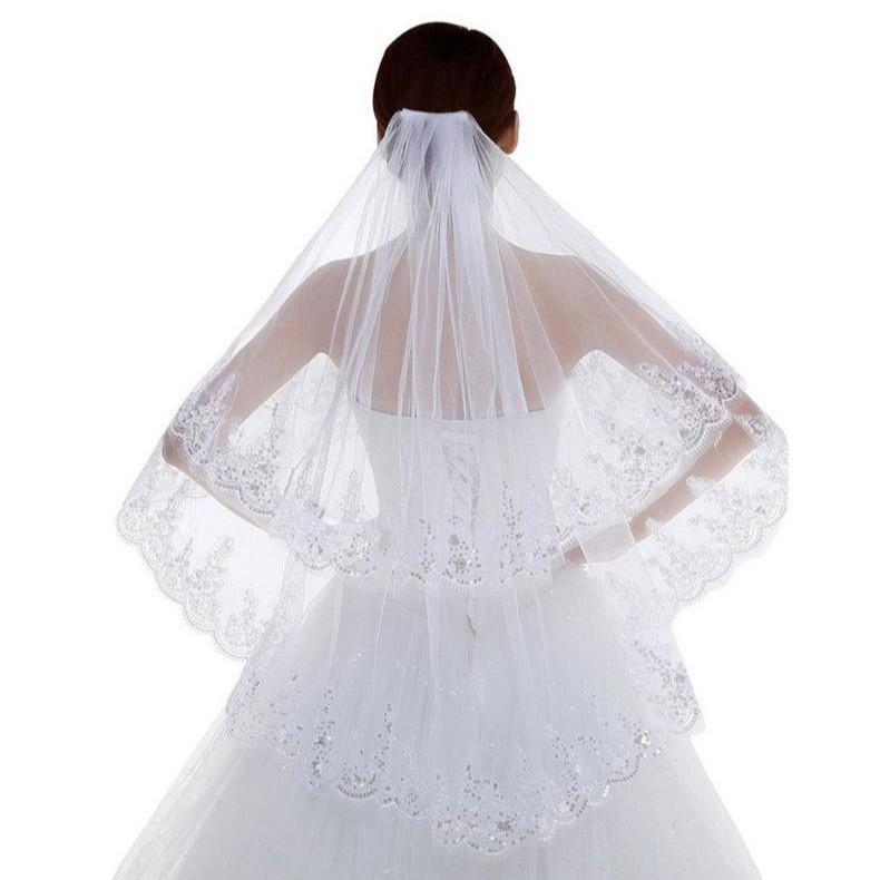 ウェディングベール ショート丈 二段 チュール スパンコール きらきら ふわふわ ボリューム感 ブライダ..