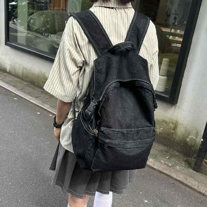 リュック レディース デニム生地 ナイロン レトロ 大容量 学生 通学 スクールバッグ ルーズ ドレープ ..