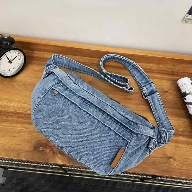 バッグ レディース デニム ショルダーバッグ 斜め掛けバッグ ボディバッグ ウエストポーチ 学生 ストリート カジュアルスタイル 横長スクエア型 ファスナー開閉 ステッチデザイン パッチワーク ブラック ライトブルー ダークブルー
