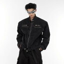 Gジャン メンズ デニムジャケット 男性用 レトロ ヴィンテージ ダメージ加工 ウォッシュ加工 ショート丈 ノーカラー 肩パッド入り 金属装飾 ルーズフィット 綿素材 耐久性 シワになりにくい カジュアルスタイル コリアンカジュアル ブラック ブルー
