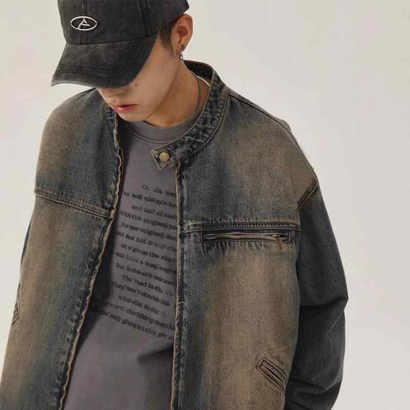 ジャケット メンズ アメリカン レトロ デニム ワークジャケット ショート丈 立ち襟 高級感 ルーズフィット ジップアップ 長袖 綿混 ポリエステル デイリーユース レトロブルー ブラック(4)