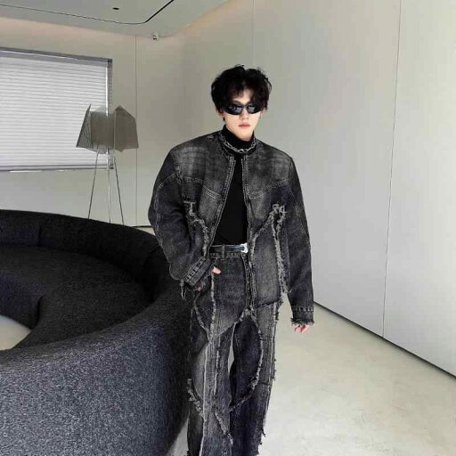 Gジャン メンズ ビッグシルエット デニムジャケット ヘビーウォッシュ加工 ヴィンテージ加工 再構築デザイン 切りっぱなし フリンジ コットン ポリエステル 秋物 カジュアル アウター ダークグレー Gジャン メンズ ビッグシルエット デニムジャケット ヘビーウォッシュ加工 ヴィンテージ加工 再構築デザイン 切りっぱなし フリンジ コットン ポリエステル 秋物 カジュアル アウター ダークグレー