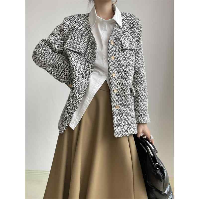 ジャケット レディース フレンチシック テーラード スタジャン 千鳥格子 ノーカラー 厚手 ミドル丈 長袖 ポリエステル ウール混 配色切替 ブラック 大人カジュアル(4)