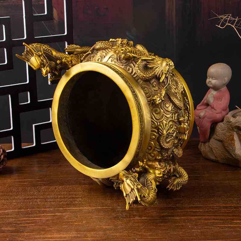 香炉 九龍 大型 銅製 家庭用 リビング 室内 仏間 中華風 双龍 聚宝盆 金運 風水 縁起物 置物 お香立て 線香立て 仏具