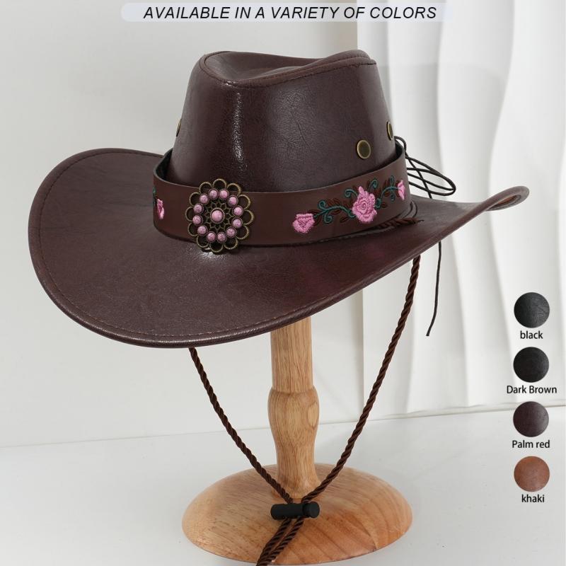 ハット ユニセックス PUレザー ワイドブリム 帽子 花モチーフ パール フラワー刺繍 ハットバンド ブラック カーキ 茶系 防寒 保温 アウトドア 登山 ハイキング スポーツ カジュアル ファッション小物