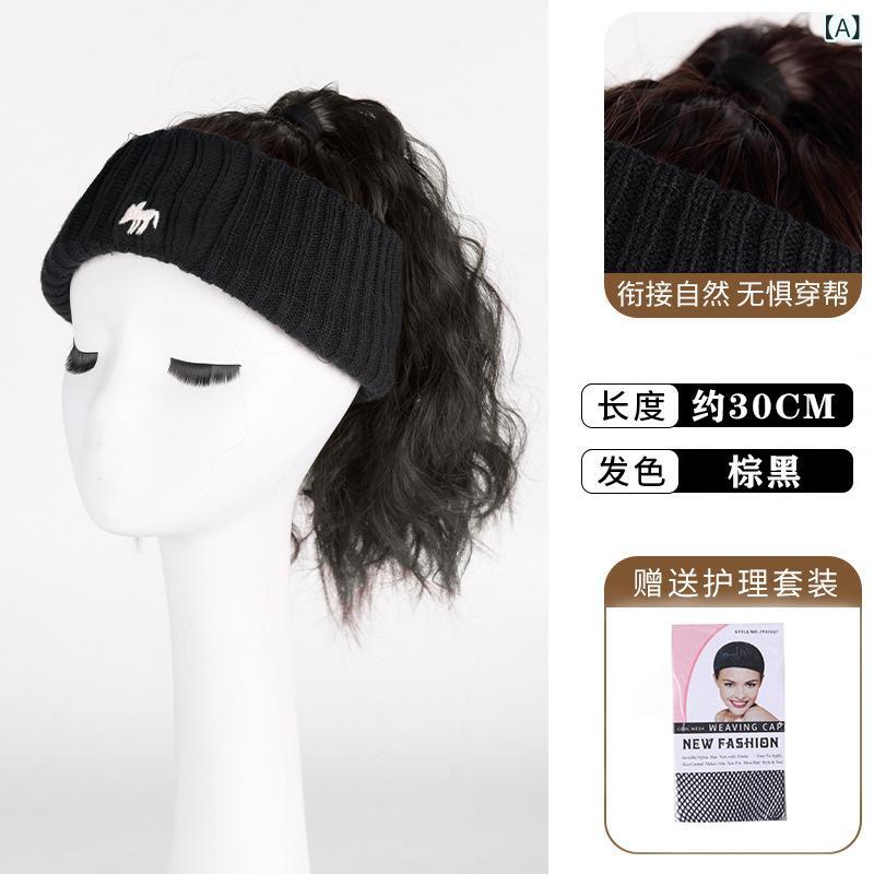 ウィッグ レディース サンバイザー一体型 ショートカール ミディアムヘア ハイポニーテール ヘアバンド 耐熱ファイバー 韓国風 秋冬 おしゃれ ボリュームアップ チョコブラウン ダークブラウン