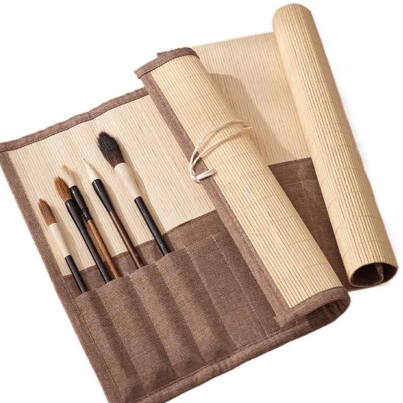 筆巻き 書道 習字 毛筆 収納ケース 竹製 麻素材 和風 レトロ 携帯用 持ち運び ロール式 巻物タイプ 筆入れ 美術 絵画 初心者向け 上質 高級感 保護 整...
