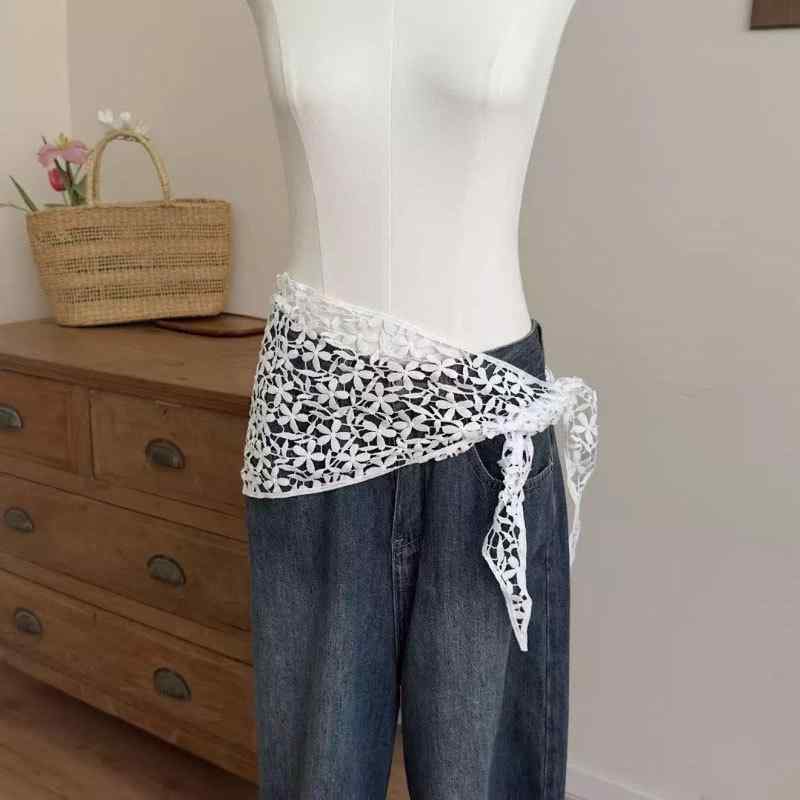 スカーフ レディース ポリエステル レース 透かし編み 三角巾 ヘッドスカーフ バンダナ ミニスカーフ ..