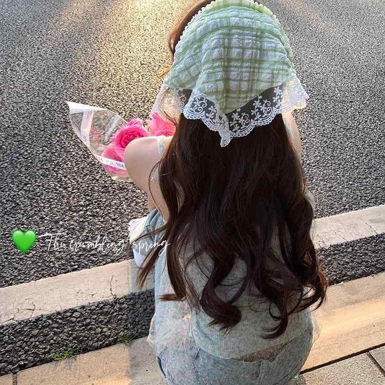 ヘアアクセサリー レディース 三角頭巾 バンダナ フレンチ レース チェック柄 ヘッドスカーフ ターバン 日焼け防止 UVカット 夏 海辺 リゾート レトロ ピンク