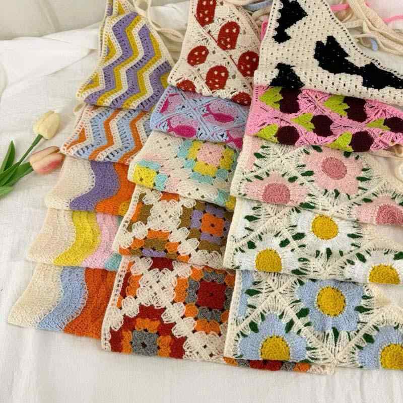 Cotton - ヘッドスカーフ レディース 女性用 コットン 花柄 小花柄 刺繍 かぎ針編み クロシェ編み 三角形 バンダナ ヘアターバン ナチュラル ボヘミアン リゾート カジュアル さわやか