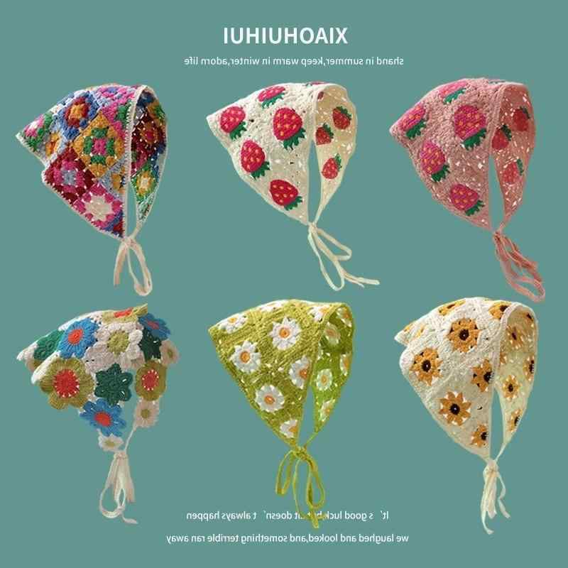 ヘッドスカーフ レディース 韓国風 トレンド かわいい スウィート 手編み ニット 三角スカーフ 透かし編み チェリー柄 フルーツ柄 花柄 デイジー柄 おしゃれ カジュアルスタイル 女性用