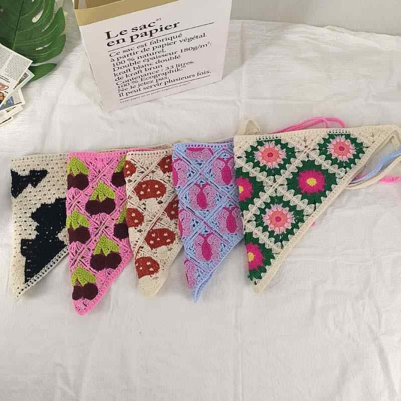 Cotton - スカーフ レディース コットン 綿 三角形 花柄 小花柄 かぎ針編み クロシェ編み 刺繍 ナチュラル かわいい レトロ ヘッドスカーフ ヘアスカーフ ヘアバンド ヘアターバン ファッション小物