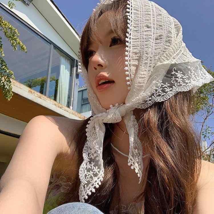 Other - 三角巾 レディース アリス風 ガーリー カントリー風 フレンチスタイル 写真撮影 おしゃれ ヘッドスカーフ ヘアターバン ホワイト 花柄 レース 綿 コットン 夏用 サマーファッション