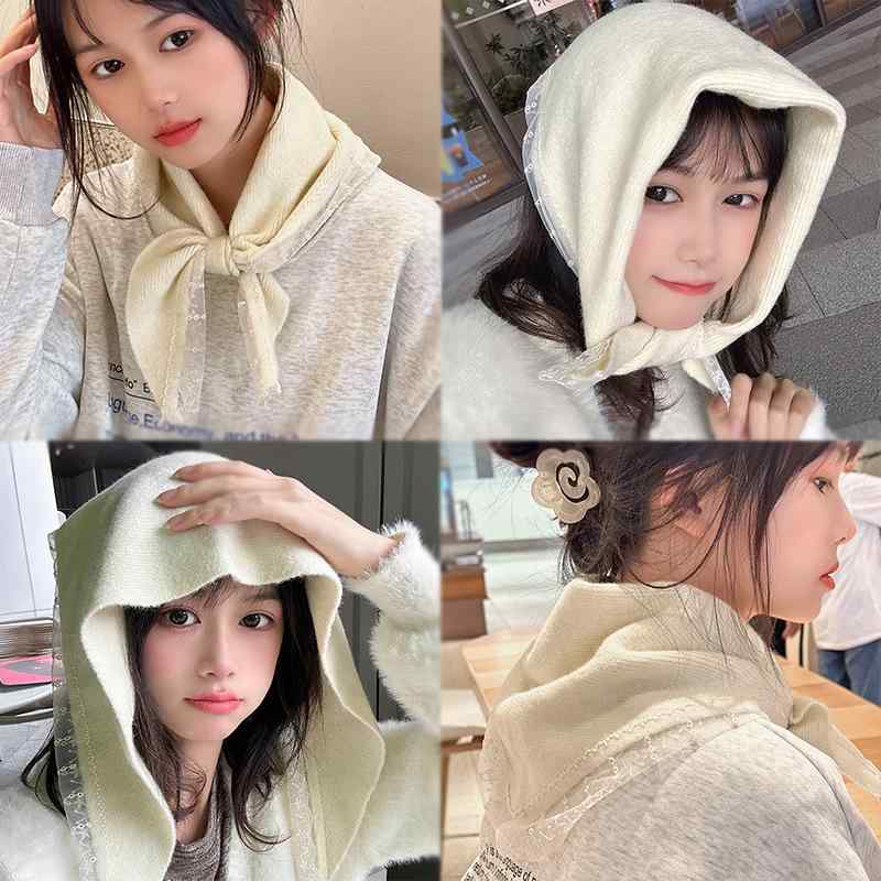 三角巾 レディース 韓国風 レースデザイン コットン 秋冬 防寒対策 マルチウェイ ショール ネックウォ..