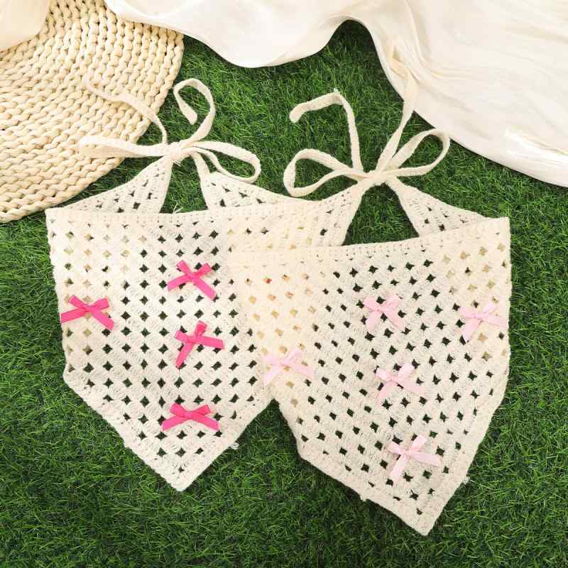ヘアアクセサリー レディース ニット 三角巾 蝶結び クロシェ編み レース 透かし編み 花柄 夏 ビーチ リゾート フレンチ 森ガール風 ナチュラル かわいい 多幸感カラー ローズピンク ピンク 配色デザイン
