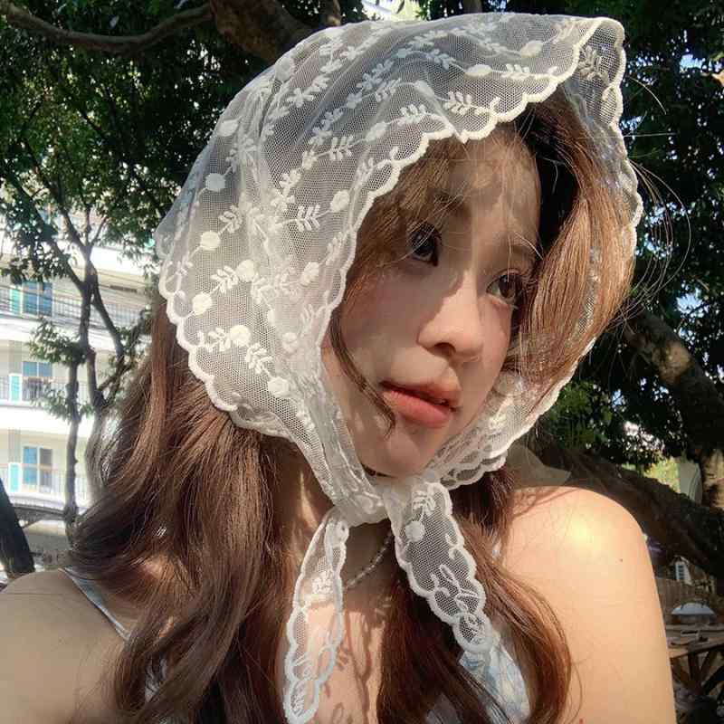 Other - ヘッドスカーフ レディース 三角頭巾 レース 花柄 ホワイト ピンク ブラック かわいい フェミニン スイート 旅行 お出かけ 写真撮影 カジュアルスタイル