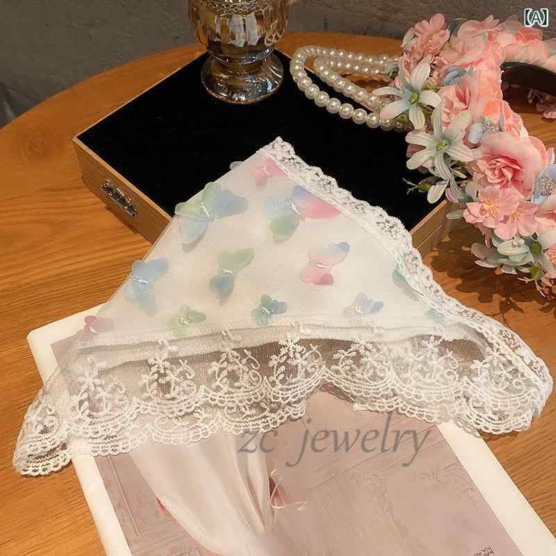 ヘッドスカーフ レディース 女性用 レース フレンチ ナチュラル 花柄 フラワー 蝶々 三角巾 バンダナ ミニスカーフ スクエア型 腰巻き ヘアバンド 髪飾り フリル 刺繡 ジャガード織り デイジー柄 ホワイト 2