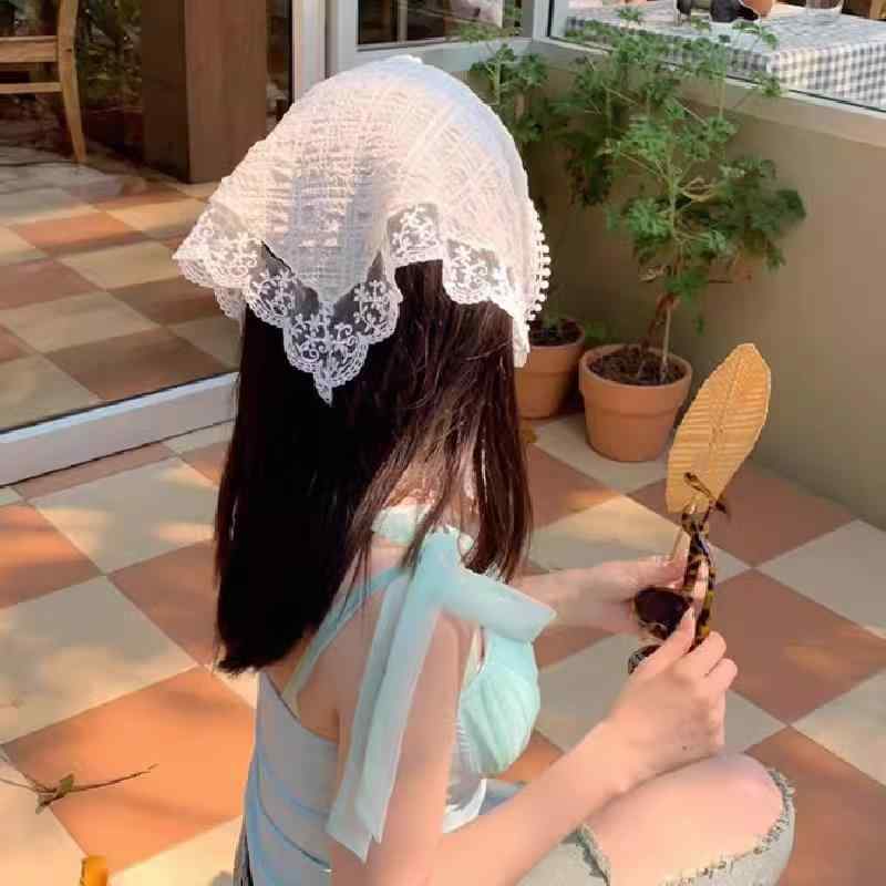 Other - ヘッドスカーフ レディース フレンチ レース 三角巾 かわいい 清楚 ホワイト ピンク系 ベージュ系 ヴィンテージ風 ヘアアクセサリー バッグチャーム 首元アクセサリー 上品 布製 夏
