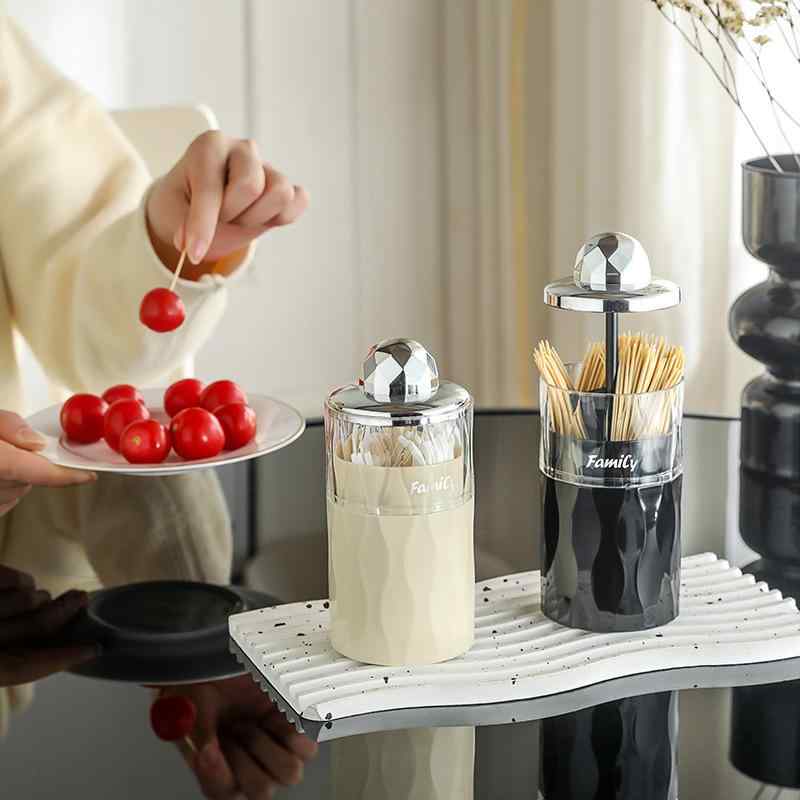 爪楊枝ケース 家庭用 プッシュ式 ワンタッチ 高級感 おしゃれ デザイン性 高品質 ABS PET素材 爪楊枝入れ 綿棒収納 筒 多機能 デスク リビング 食卓 洗面台 コンパクト 衛生的 シンプル