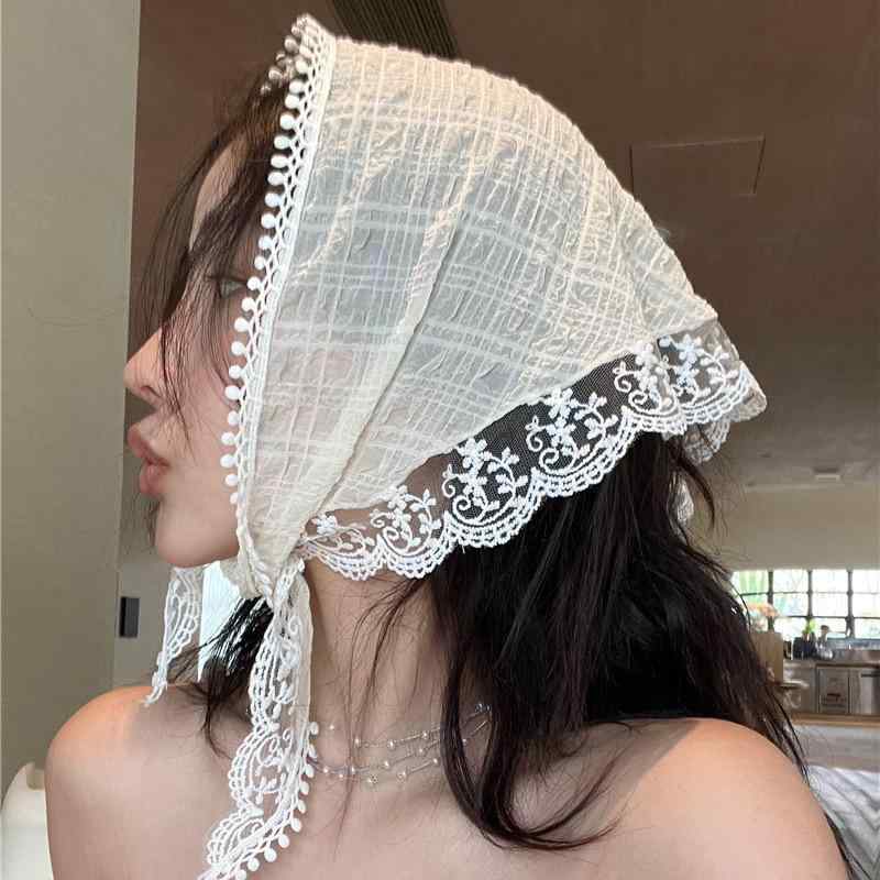 For Women - ヘアアクセサリー レディース フレンチ レース 三角巾 シルクスカーフ 花柄 ベージュ レトロ カントリー風 リボン ヘッドバンド フリル ファッション小物