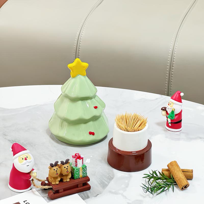 爪楊枝入れ クリスマスツリー型 陶器製 綿棒 デンタルフロス収納ケース リビング 家庭用 かわいい おし..