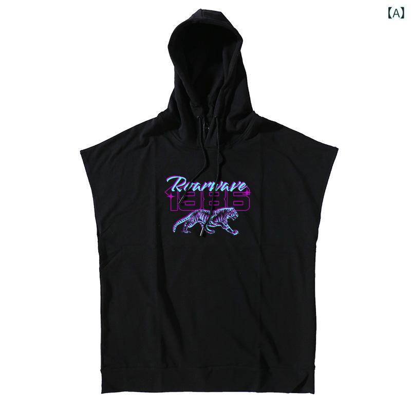 ノースリーブ パーカー メンズ ゆったり ルーズフィット オーバーサイズ スポーツ ストリート カジュアル タンクトップ Tシャツ 夏物 綿 コーマ綿 プリント 黒 白