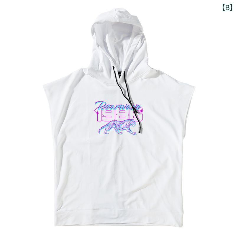 ノースリーブ パーカー メンズ ゆったり ルーズフィット オーバーサイズ スポーツ ストリート カジュアル タンクトップ Tシャツ 夏物 綿 コーマ綿 プリント 黒 白