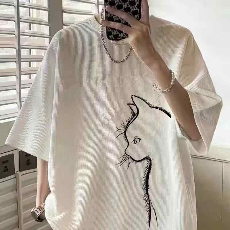 Tシャツ メンズ ワッフル生地 半袖 ヘビーウェイト オーバーサイズ ルーズシルエット ポリエステル デザイン カジュアル ストリート ファッション 夏物 トップス キャラクタープリント