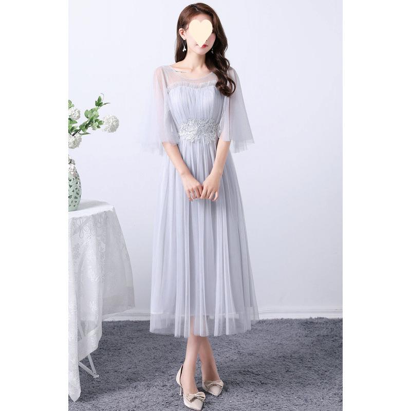 ドレス レディース パーティードレス 結婚式 二次会 披露宴 謝恩会 卒業式 発表会 演奏会 エレガント 華やか ミモレ丈 五分袖 体型カバ..