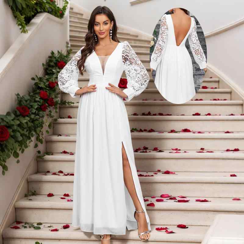 Other - 礼服 レディース 長袖 深Vネック レース切り替え シフォン ロング丈 バックシャン スレンダーライン 結婚式 披露宴 二次会 ブライズメイド パーティー ドレス ホワイト